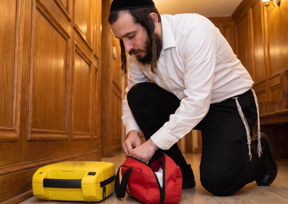 A Chassidish man kneels and opens a first-aid kit next to an AED case
